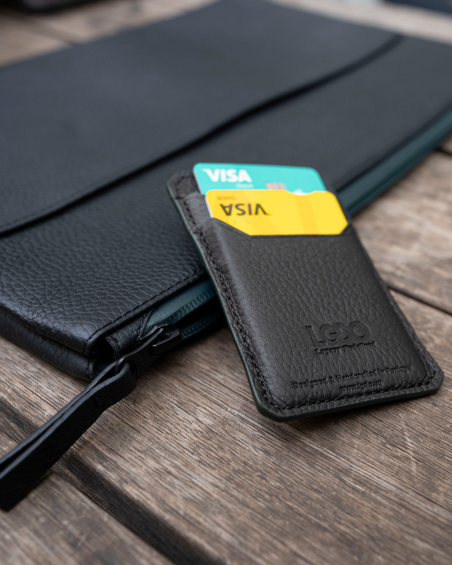 LGDO Leather Cardholder on Leather Sleeve Detail with YKK water resistant zipper and cardholder with hand aited edges