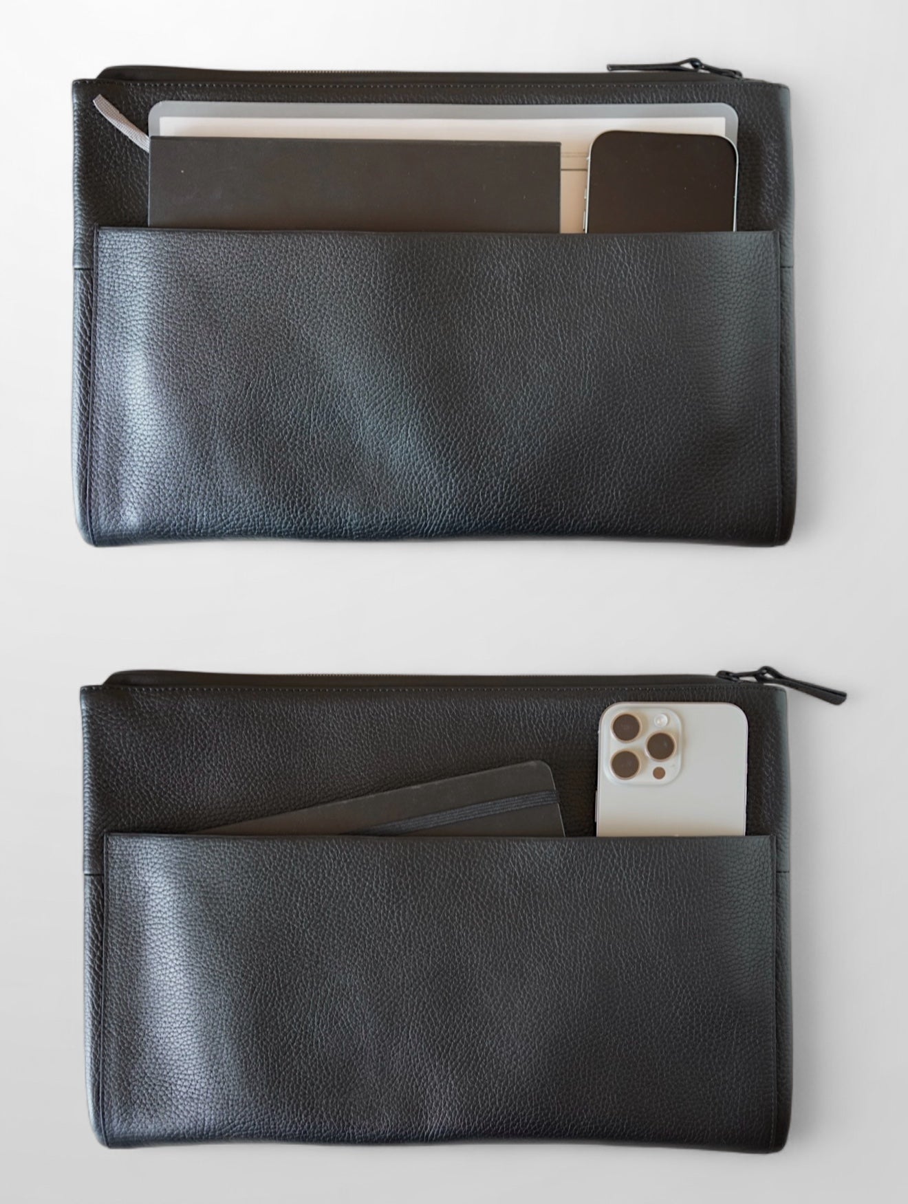 LGDO Multifunction Sleeve front view with iPhone 16 Pro Max and notebook and documents