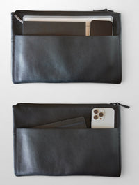 LGDO leather sleeve dual view showing laptop compartment and iPhone in front pocket